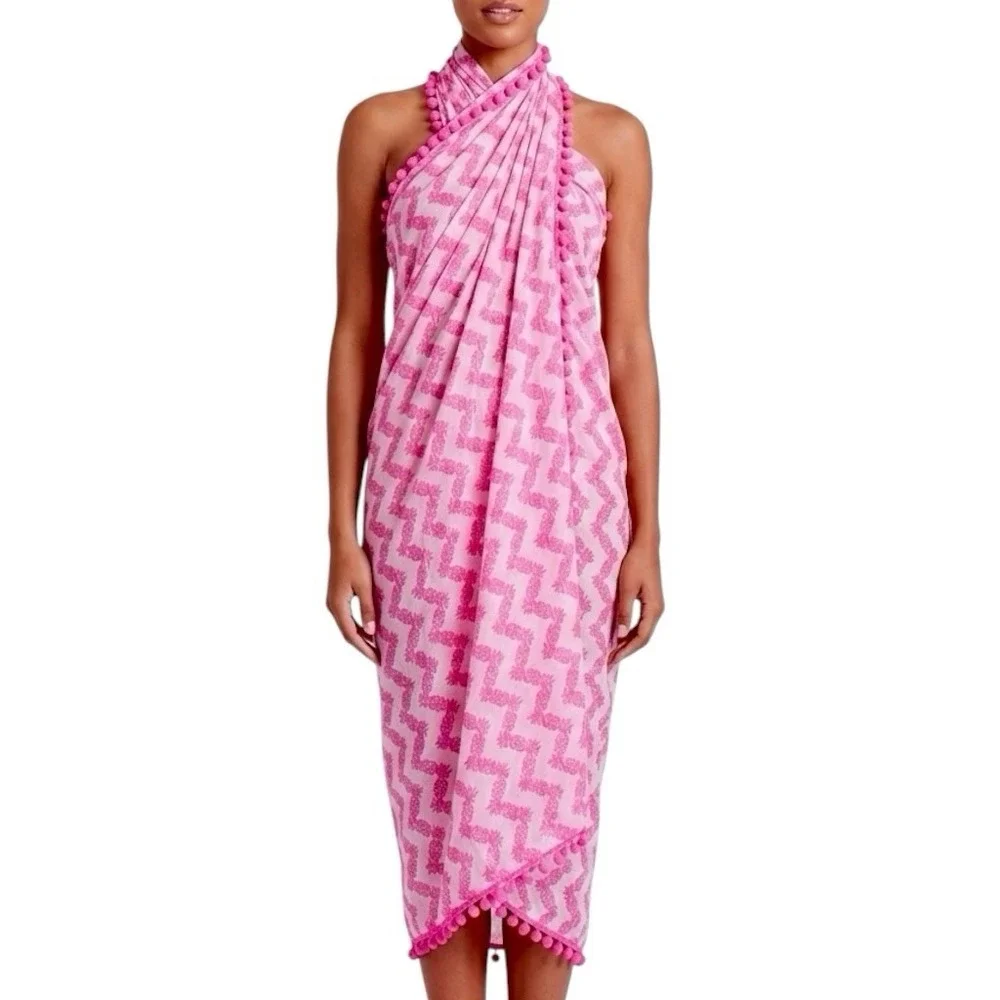 LILLY PULITZER Pink & White Pineapple Scarf PomPoms Tropical Resortwear 70